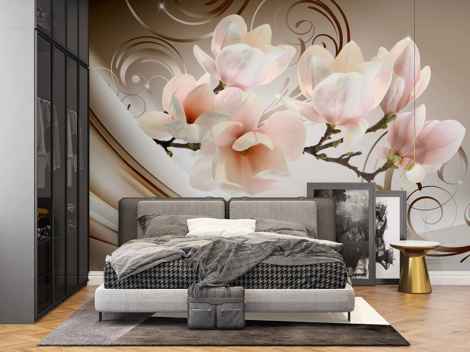 Fototapet o ramură înflorită, decorată cu flori roz delicate