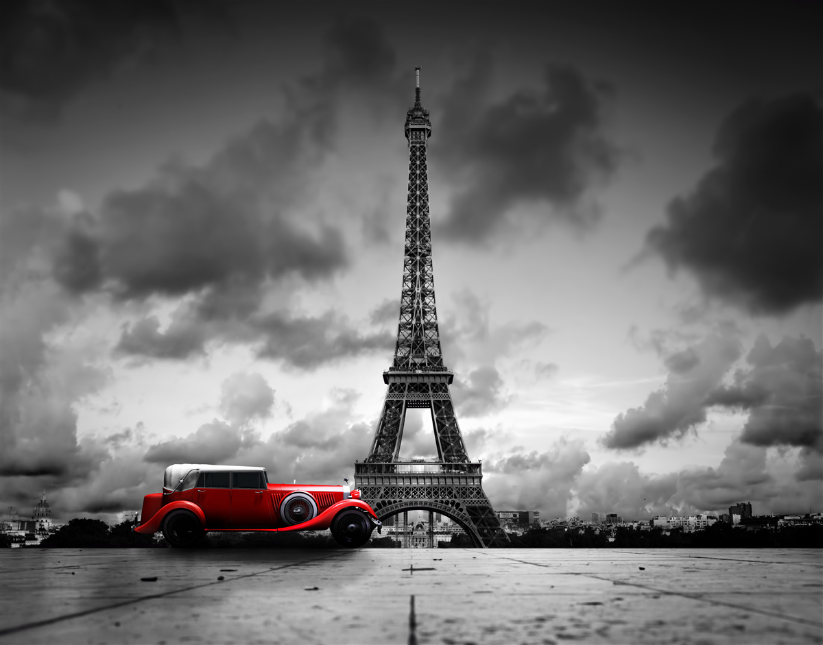 Fototapet masina rosie langa turnul eiffel
