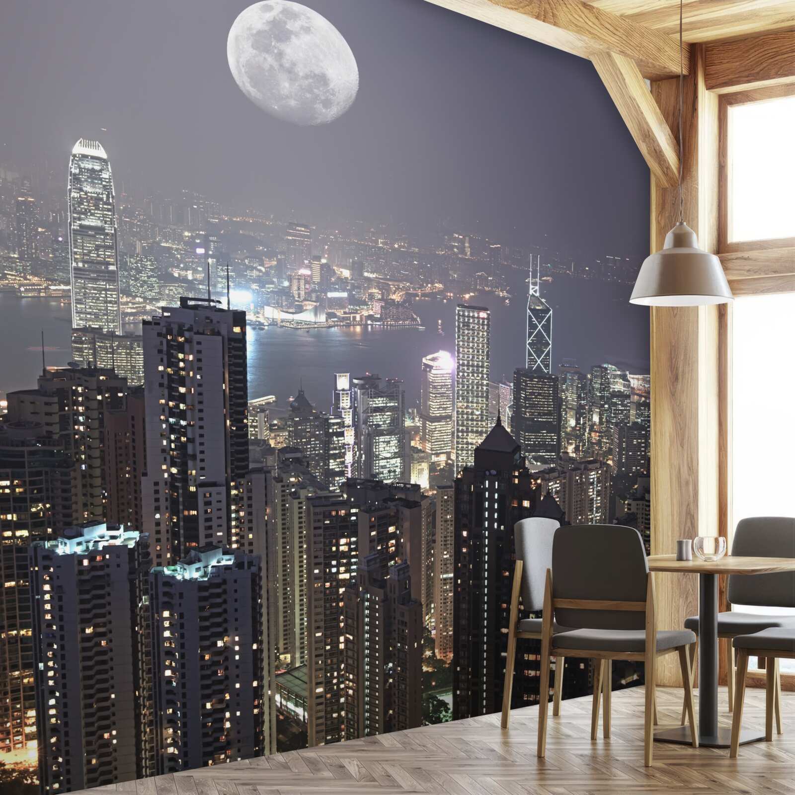 Fototapet luna de la miezul nopții atârnă peste hong kong