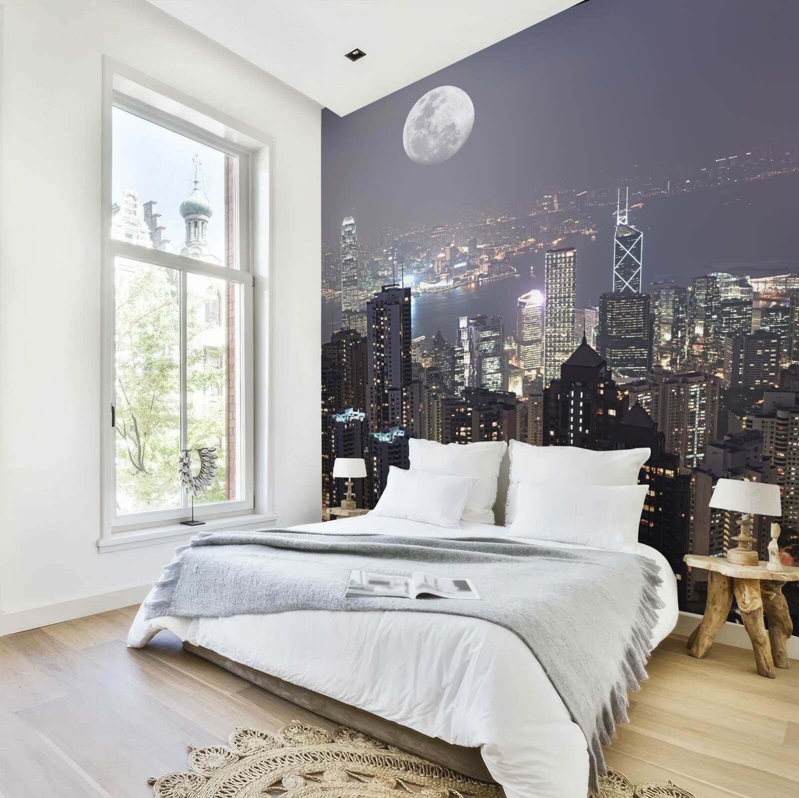 Fototapet luna de la miezul nopții atârnă peste hong kong