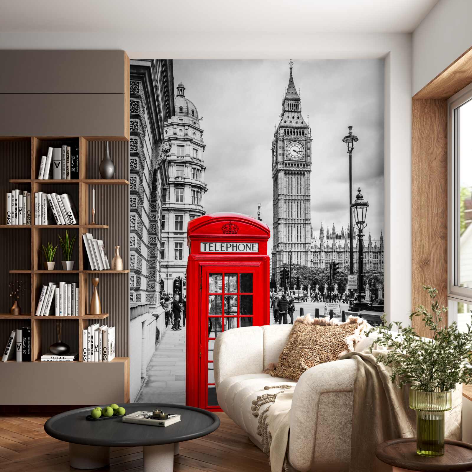 Fototapet cabină telefonică roșie în fața Big Ben în fundal