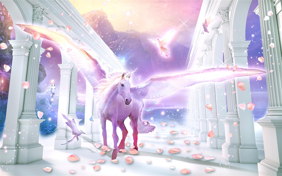 Fototapet un unicorn magic plutind pe cer