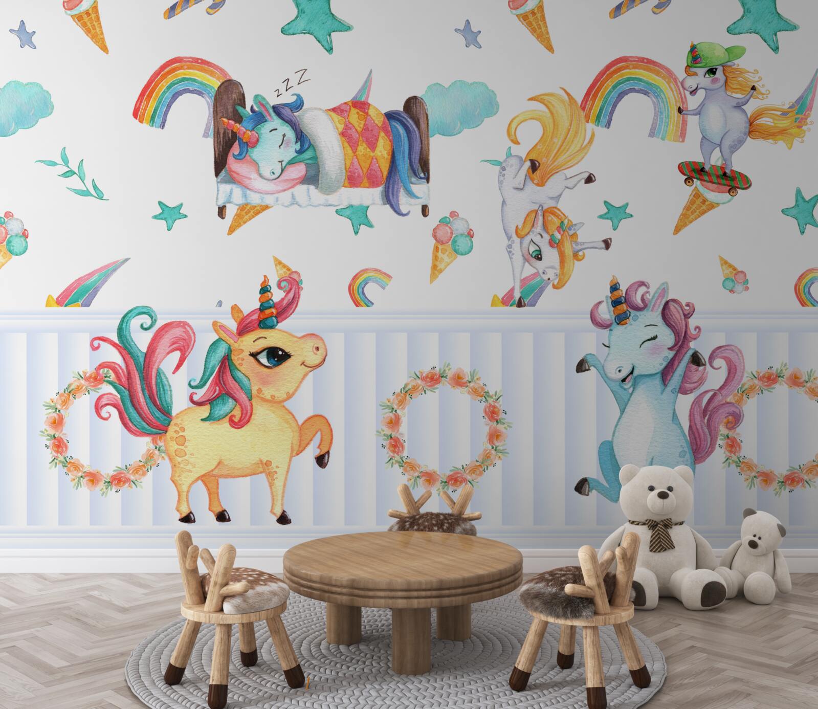 Fototapet unicorni, preocupați de treburile lor, în diferite culori