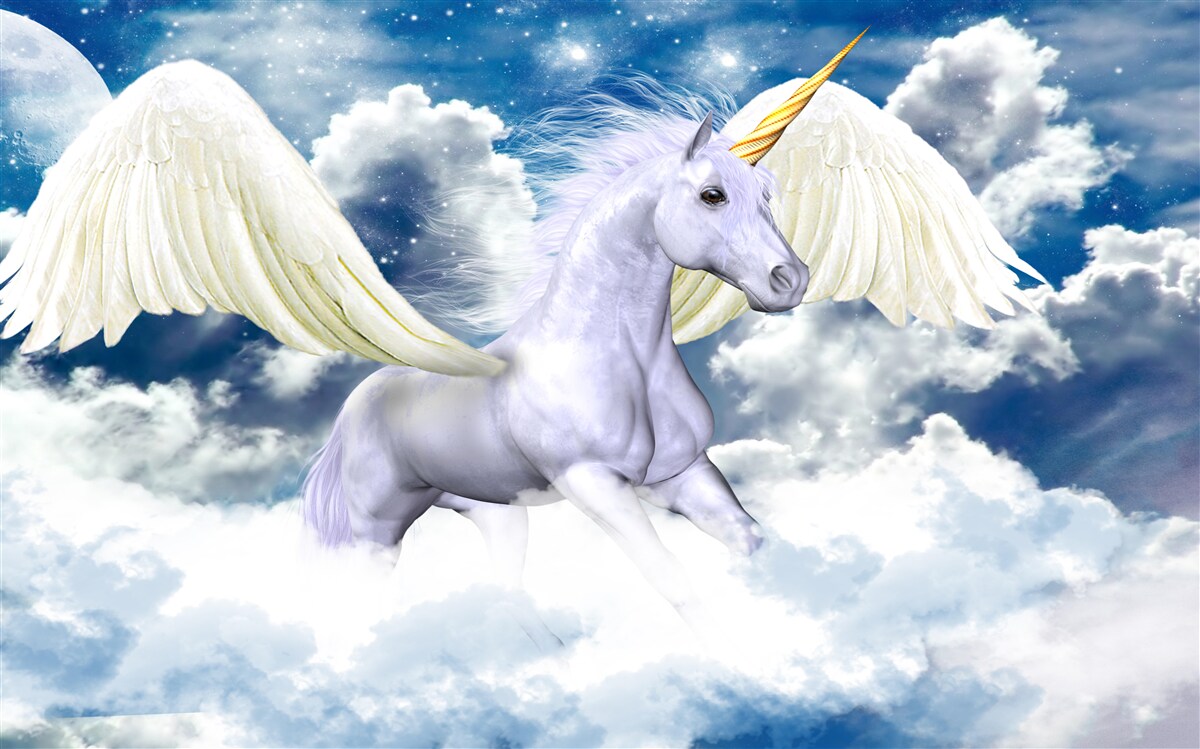 Fototapet un unicorn zburător străpunge norii