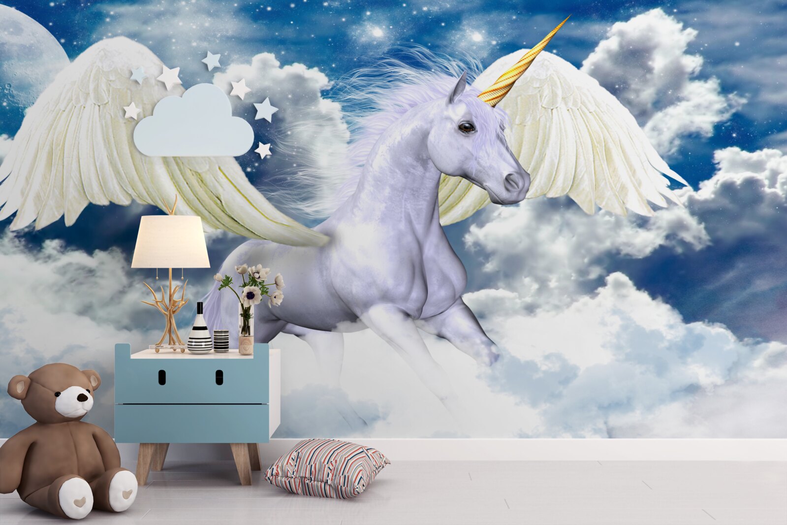 Fototapet un unicorn zburător străpunge norii