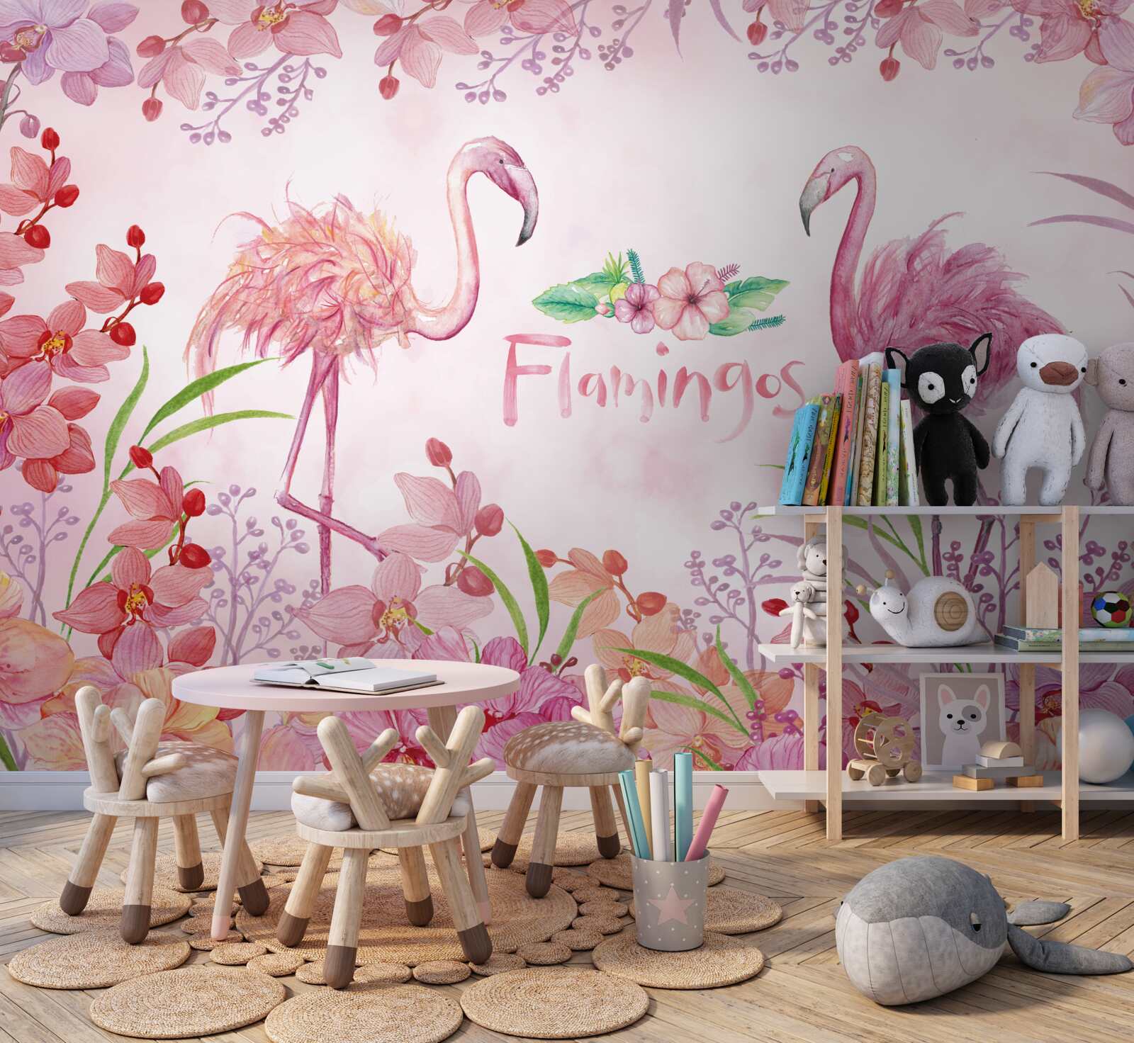 Fototapet flamingo roz printre muguri roz