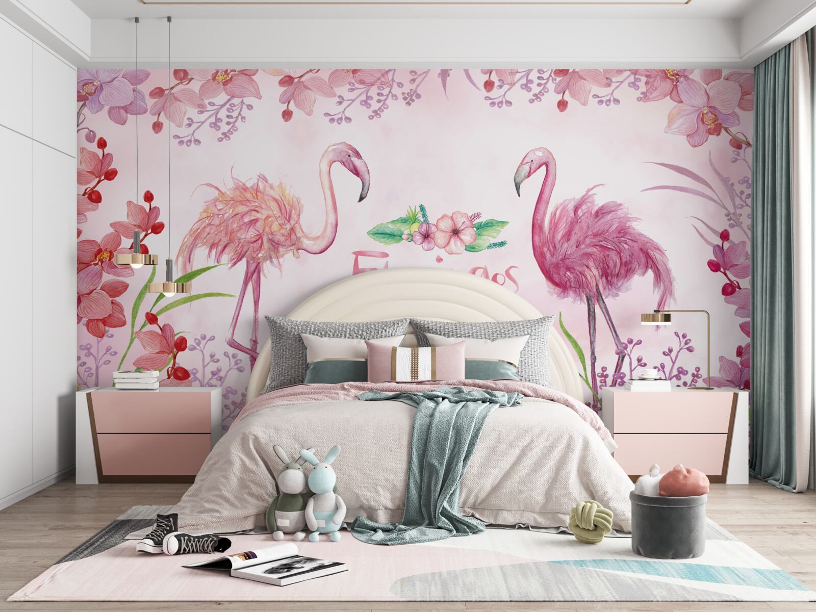 Fototapet flamingo roz printre muguri roz