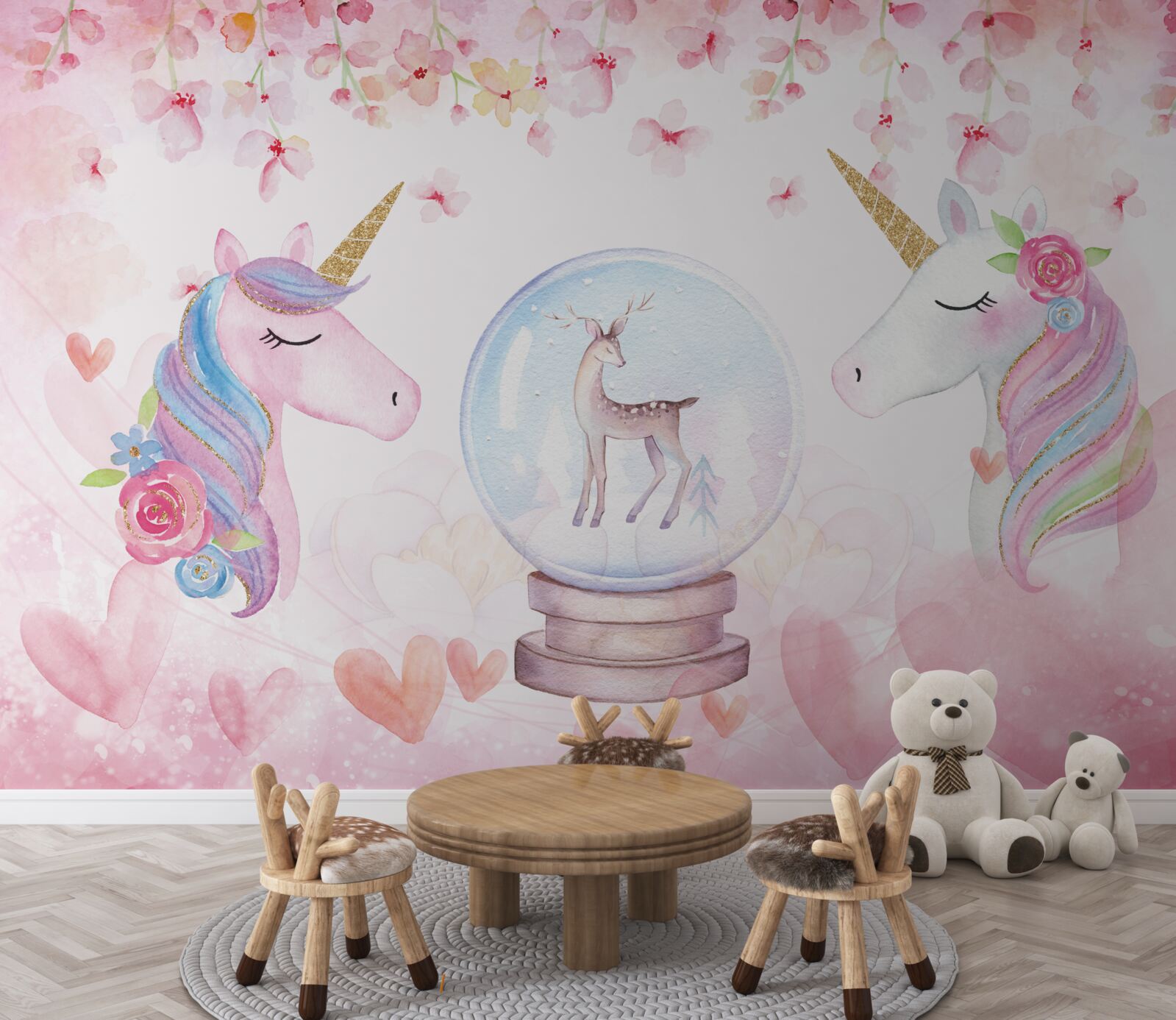 Fototapet unicorni și căprioare închise într-o minge de sticlă