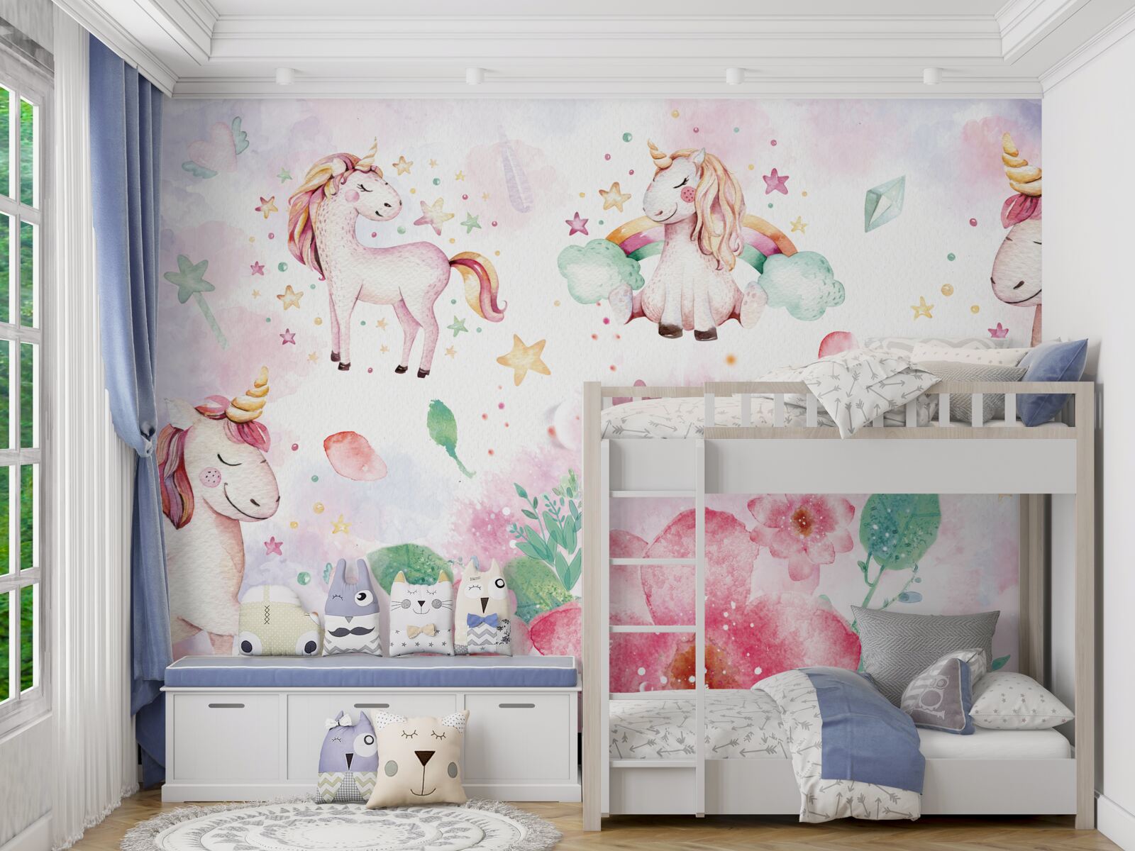 Fototapet unicorni printre flori