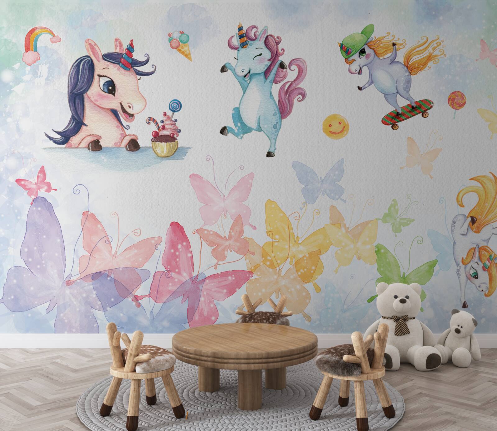Fototapet unicorni și fluturi veseli