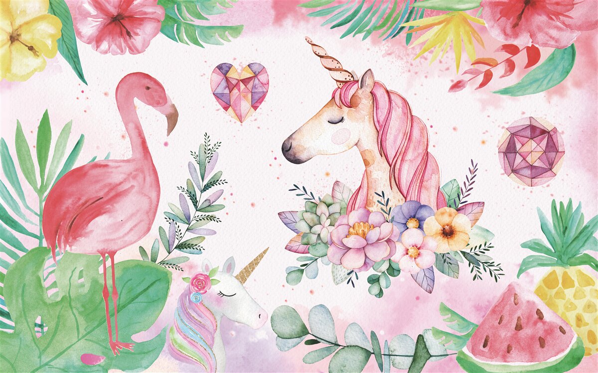 Fototapet unicorn și flamingo roz