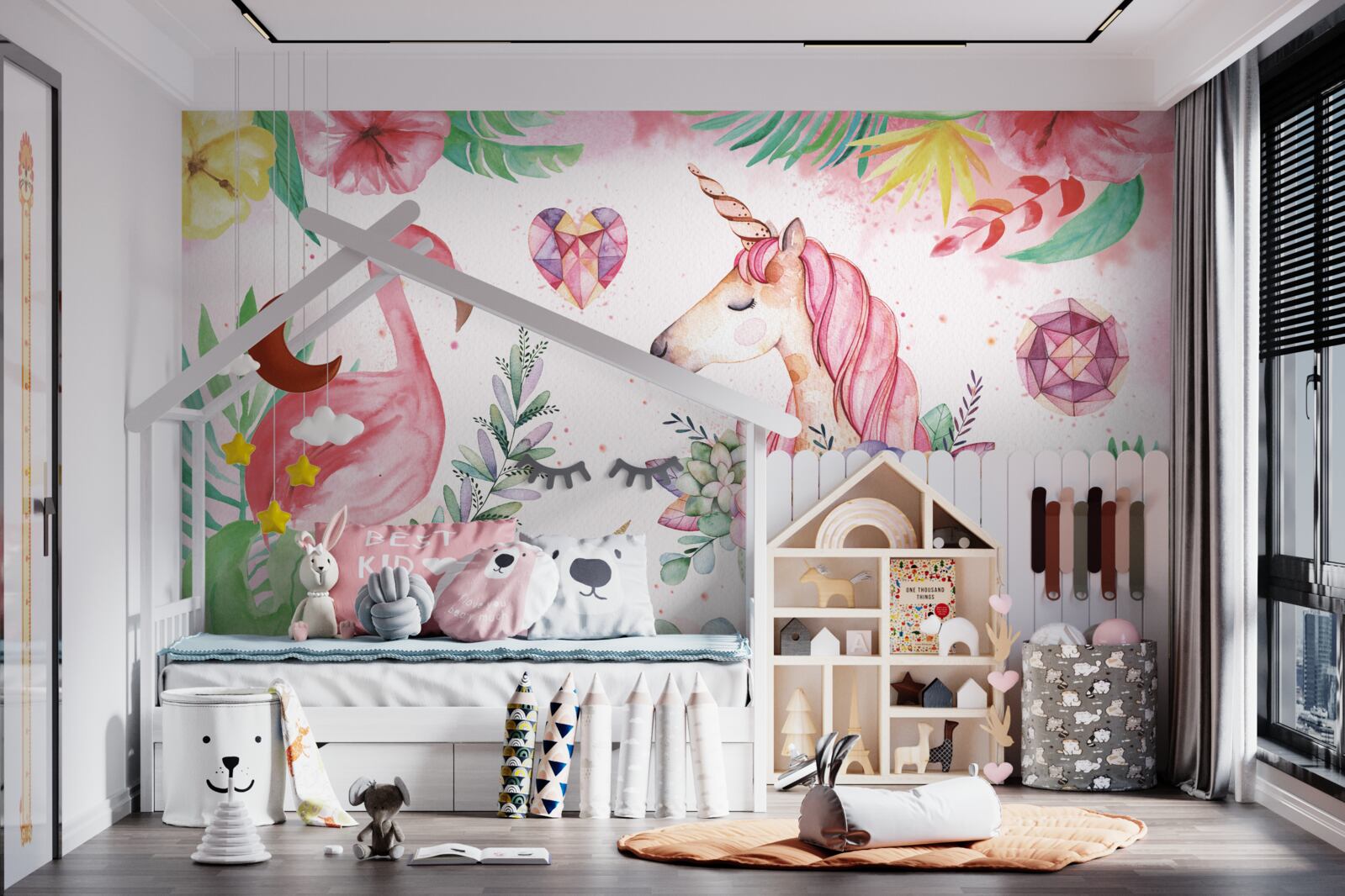Fototapet unicorn și flamingo roz