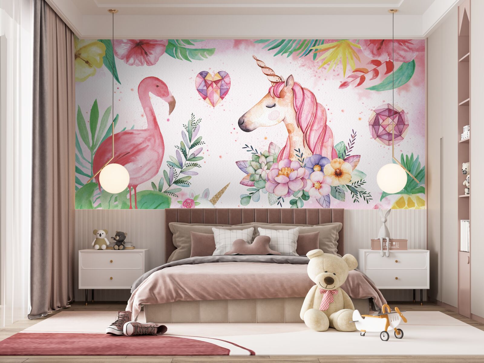 Fototapet unicorn și flamingo roz