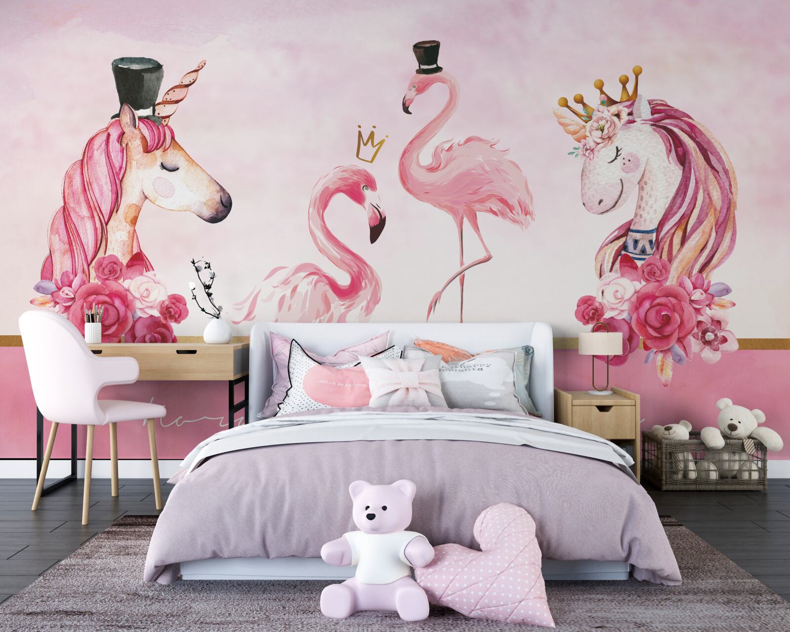 Fototapet flamingo și unicorni roz