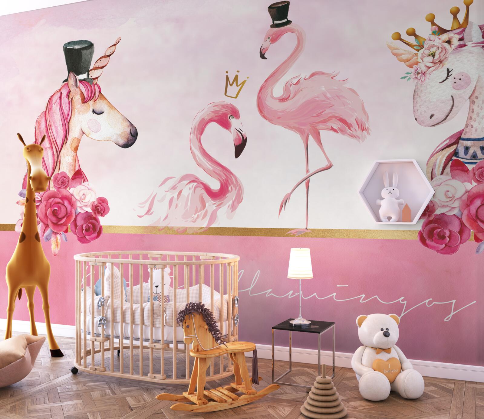 Fototapet flamingo și unicorni roz