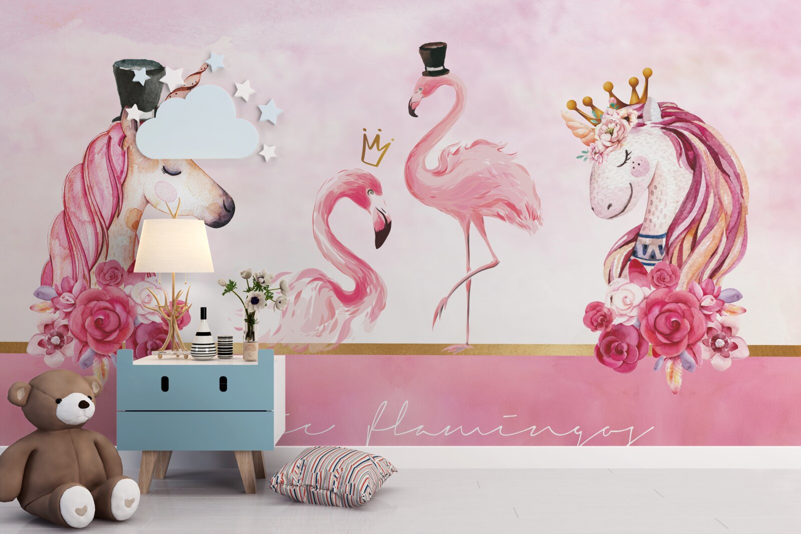 Fototapet flamingo și unicorni roz