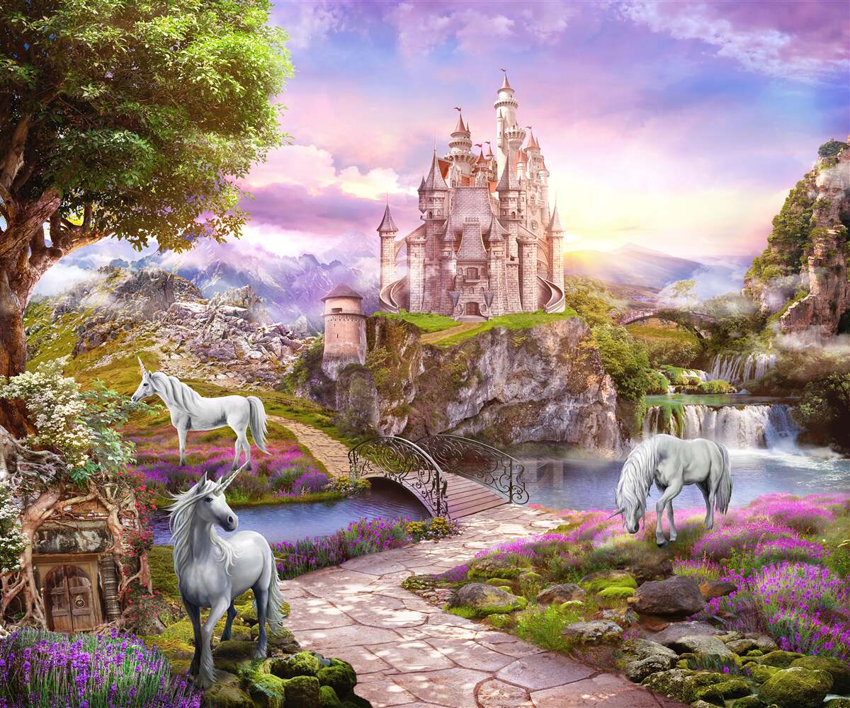 Fototapet castelul de lângă râu este fermecat de prezența unicornilor