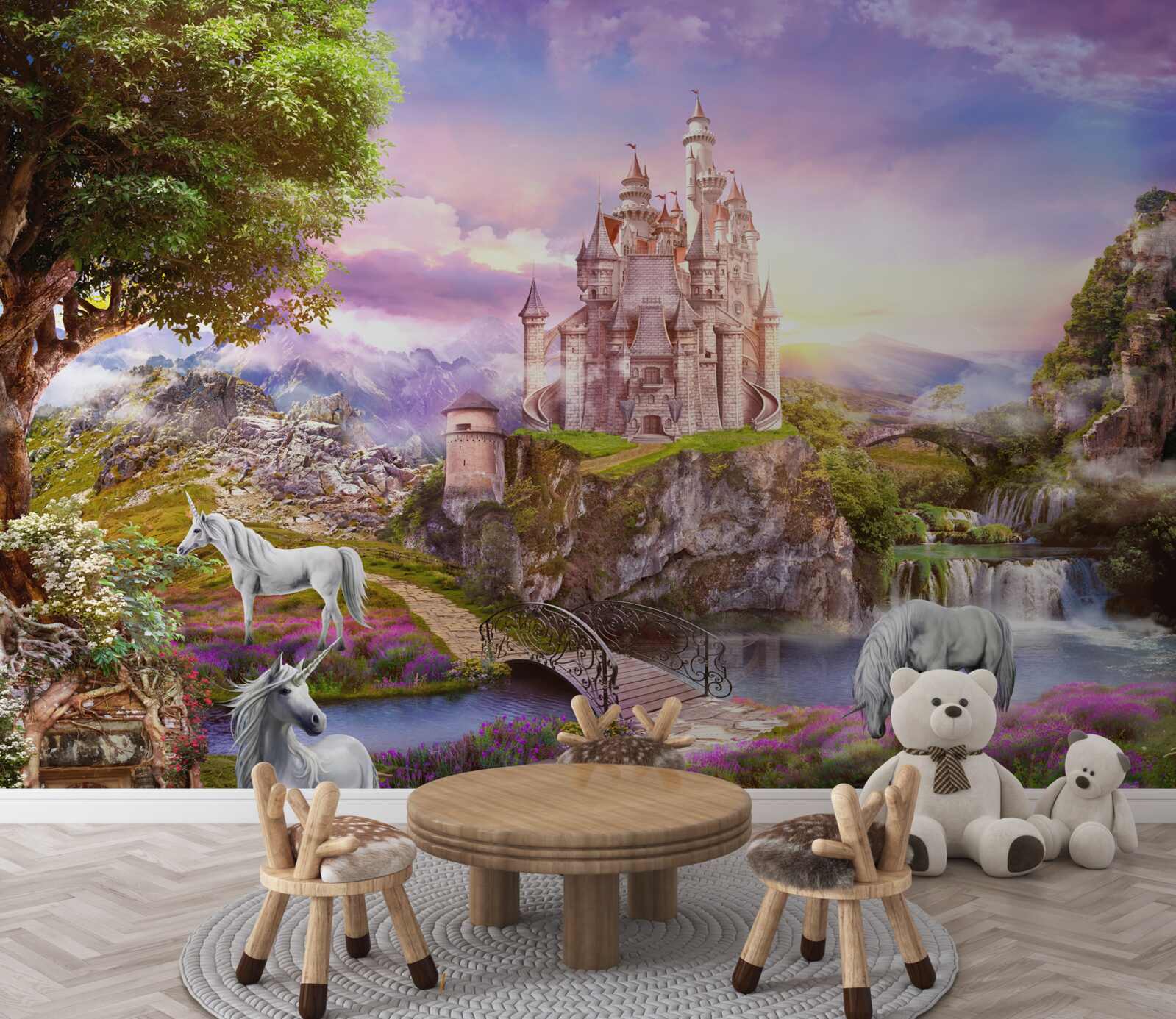 Fototapet castelul de lângă râu este fermecat de prezența unicornilor