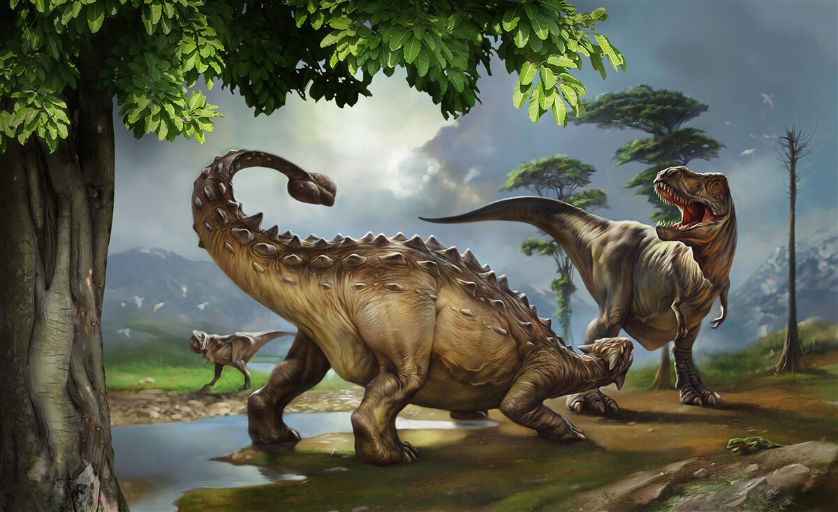 Fototapet dinozaurii trăiesc în pădurea de lângă iaz