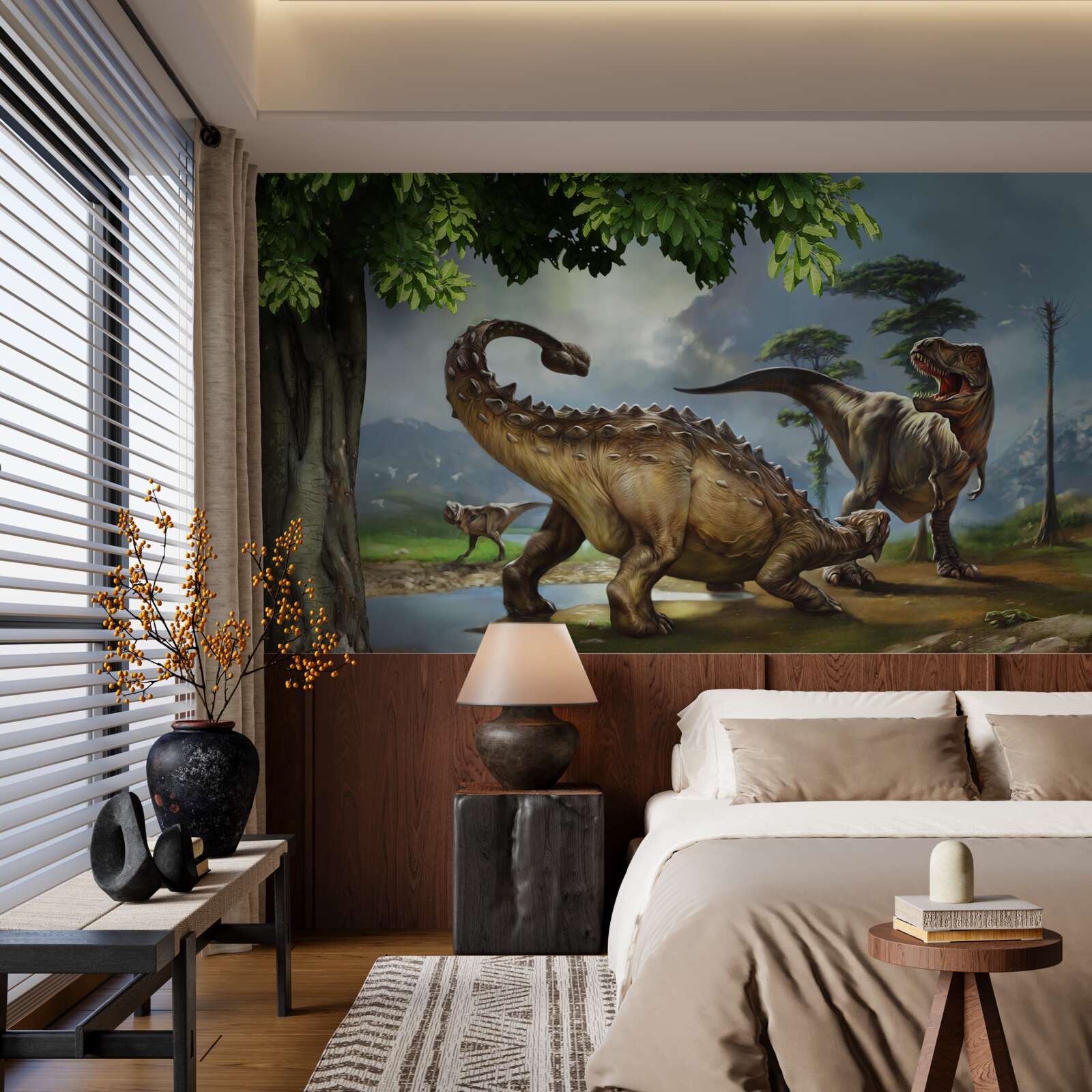 Fototapet dinozaurii trăiesc în pădurea de lângă iaz
