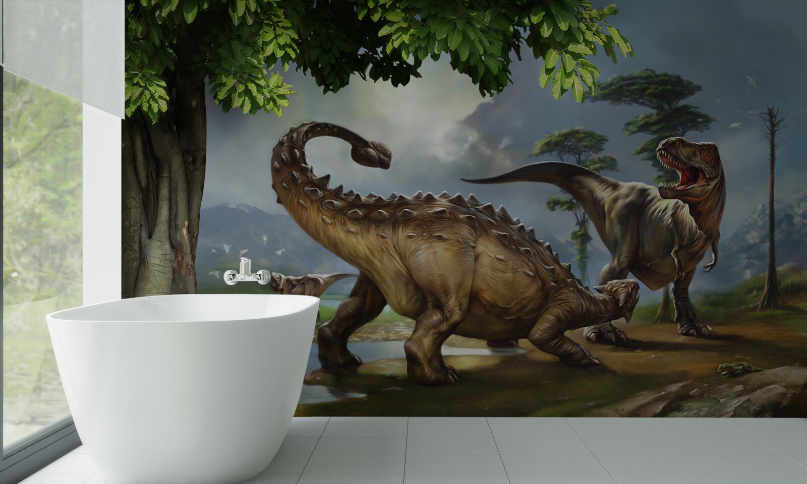 Fototapet dinozaurii trăiesc în pădurea de lângă iaz