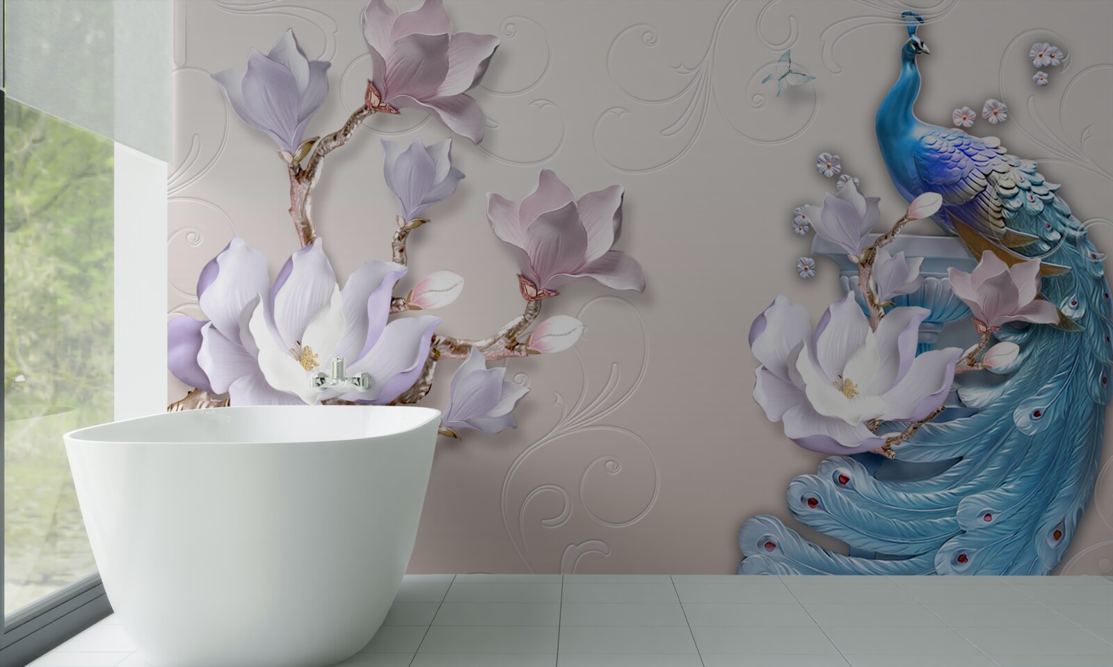 Fototapet magnoliile albe decorează păunul