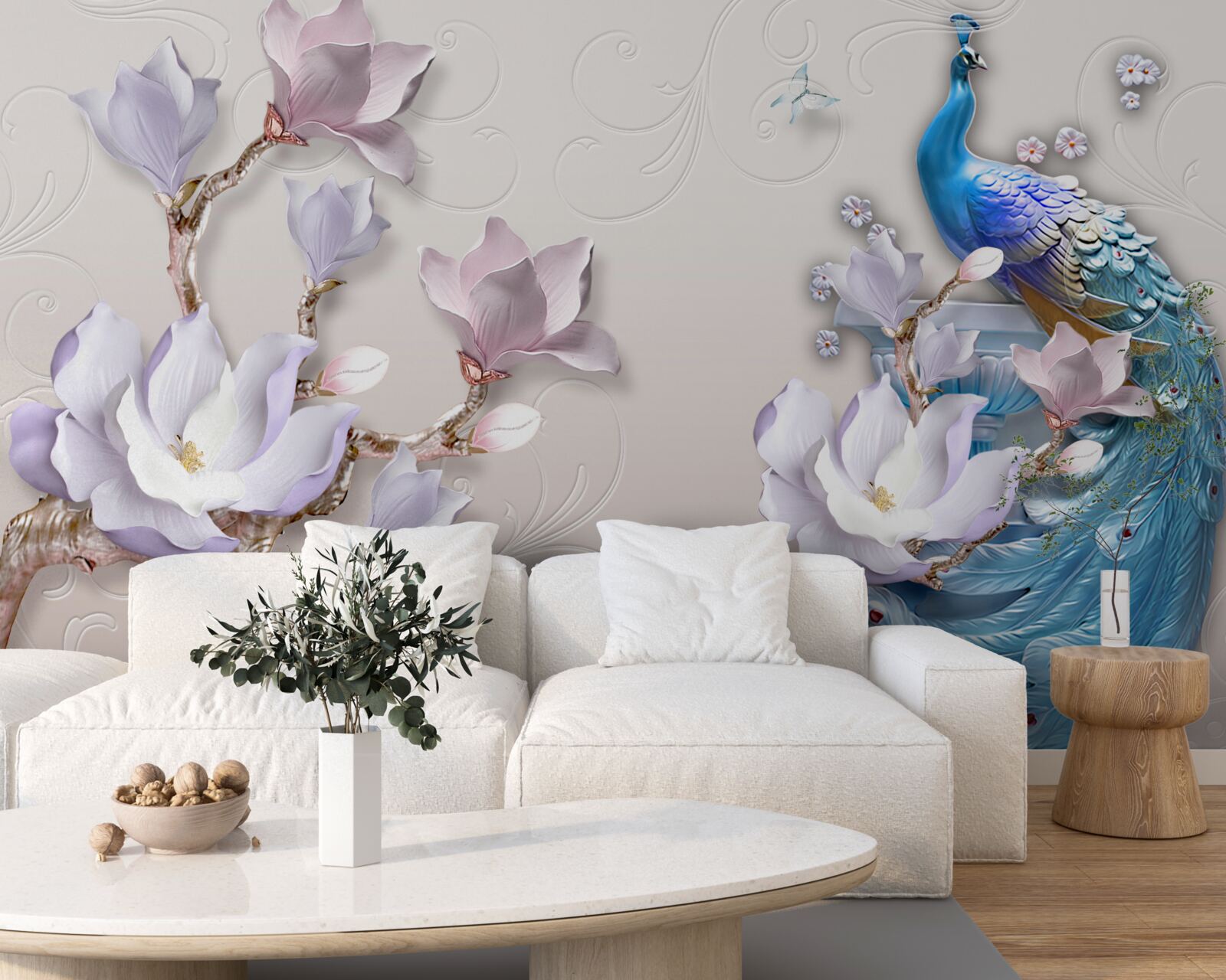 Fototapet magnoliile albe decorează păunul