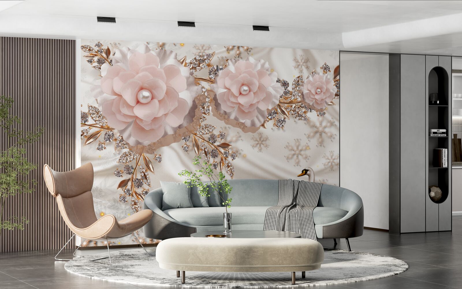 Fototapet florile roz sunt decorate cu aur și lebede albe ca zăpada