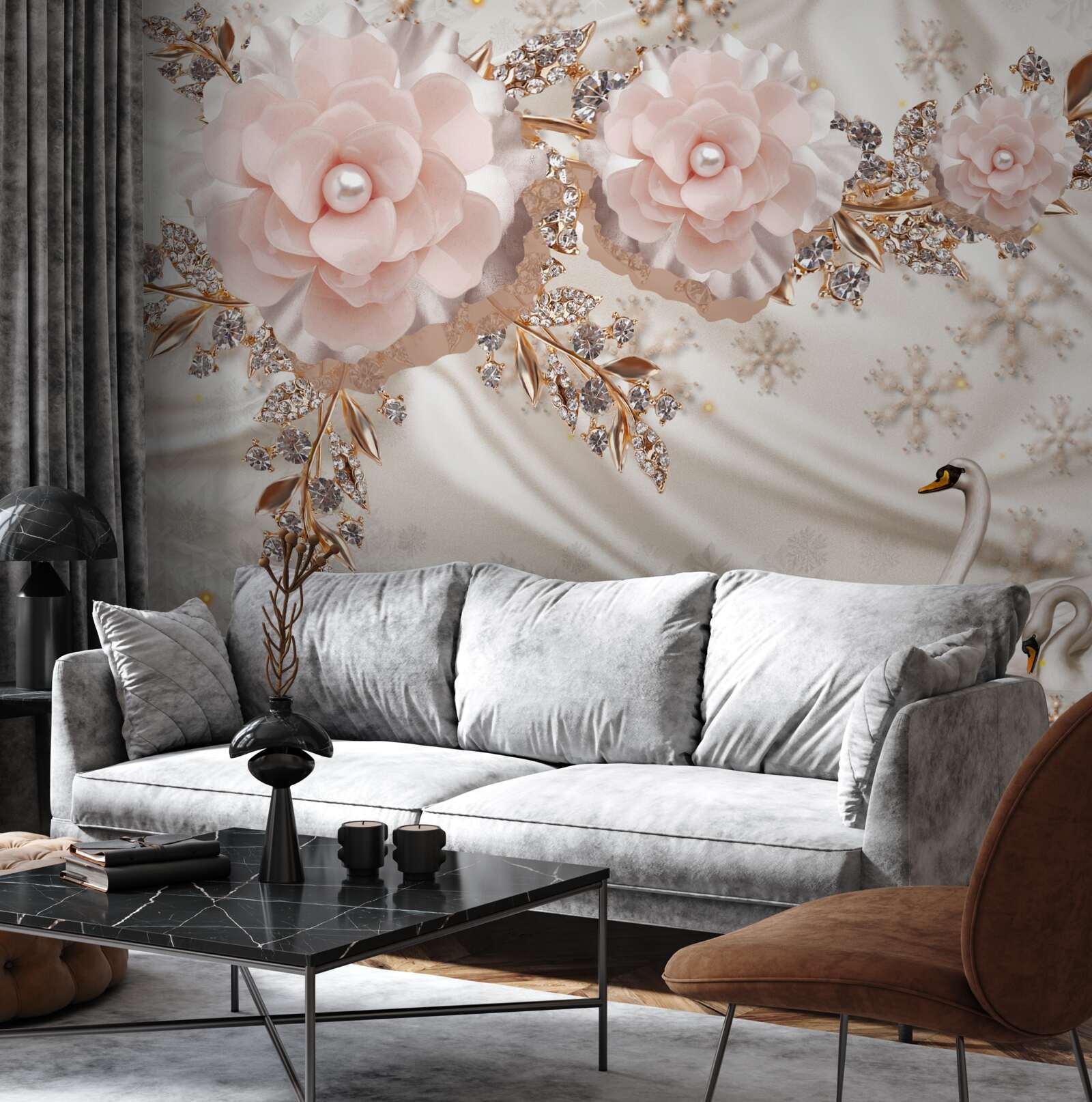 Fototapet florile roz sunt decorate cu aur și lebede albe ca zăpada