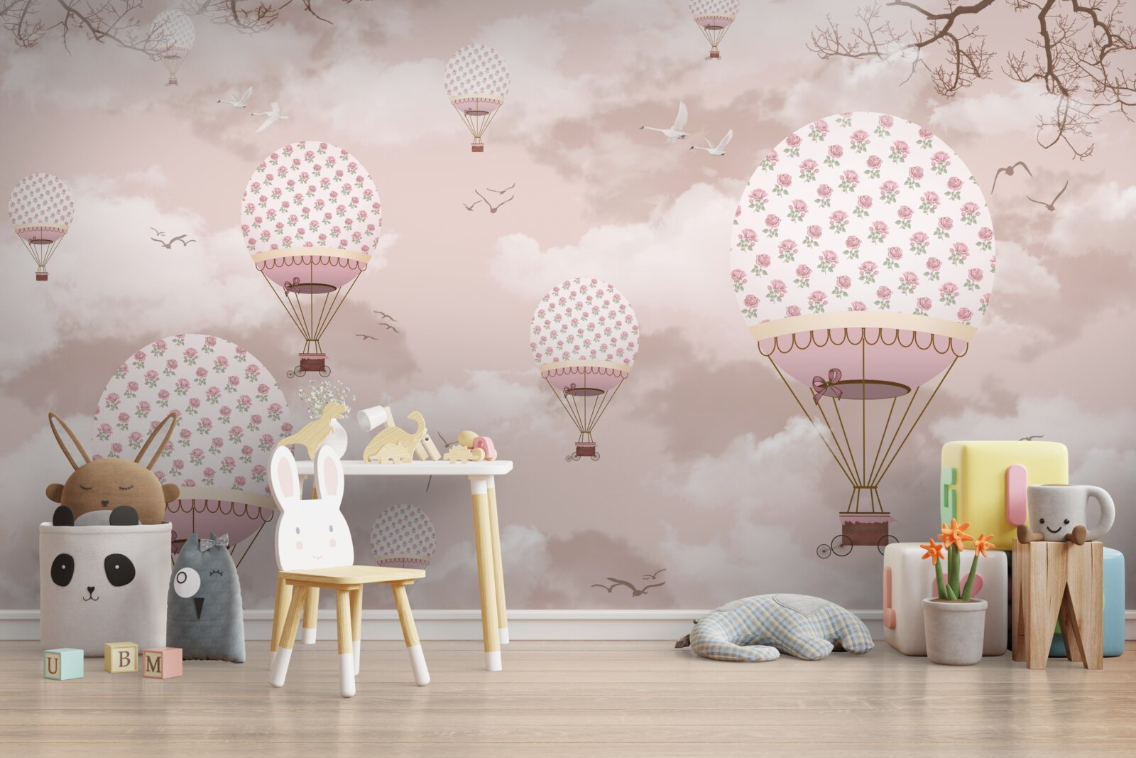 Fototapet cerul roz este decorat cu baloane