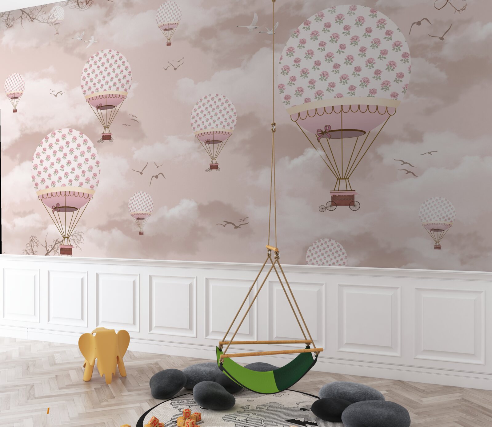 Fototapet cerul roz este decorat cu baloane