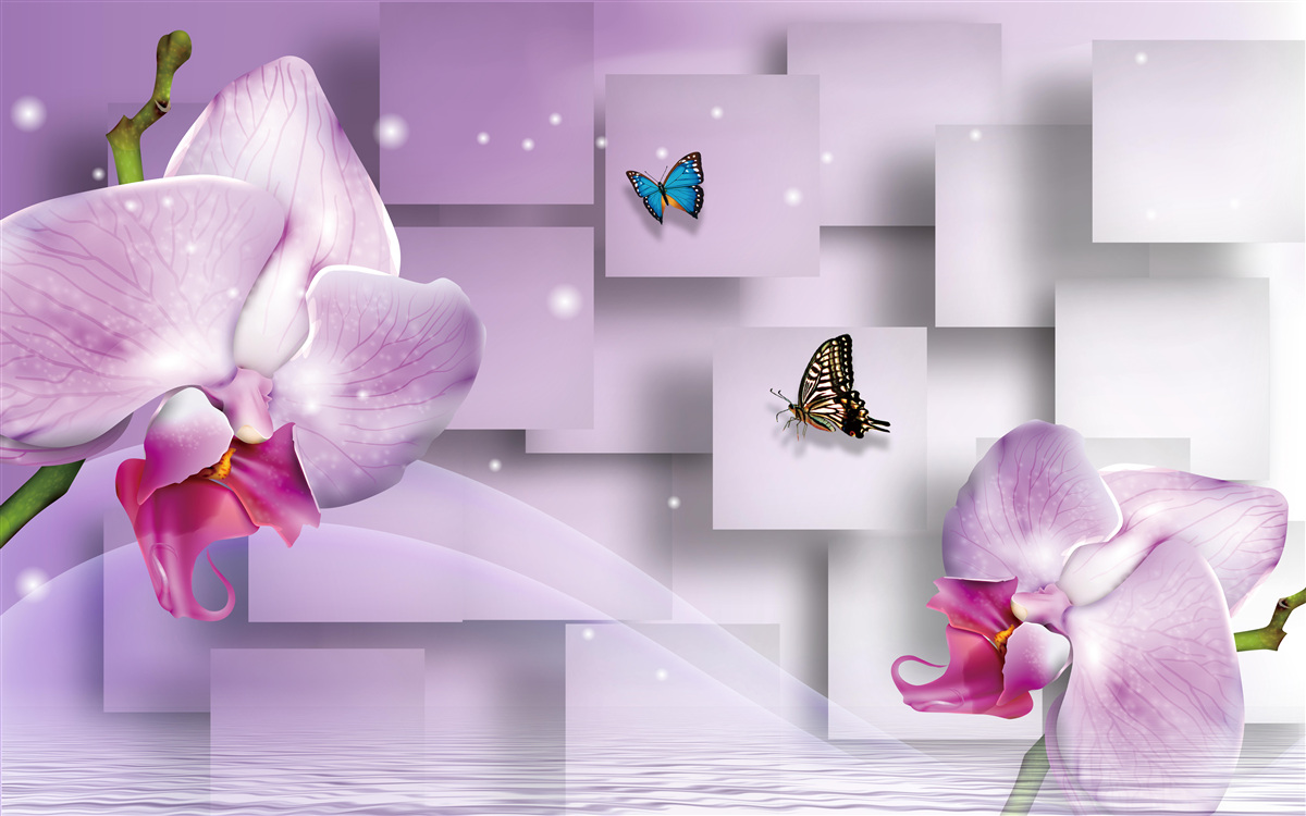 Fototapet orhidee liliac și fluturi aranjați pe un model geometric