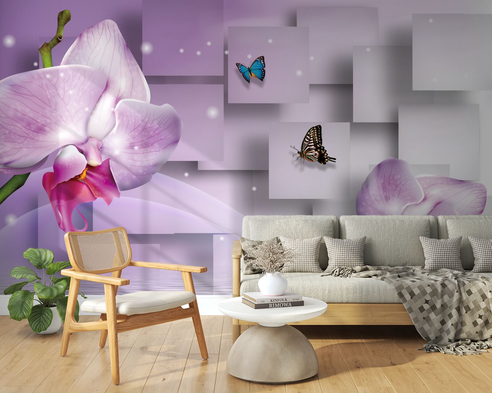 Fototapet orhidee liliac și fluturi aranjați pe un model geometric