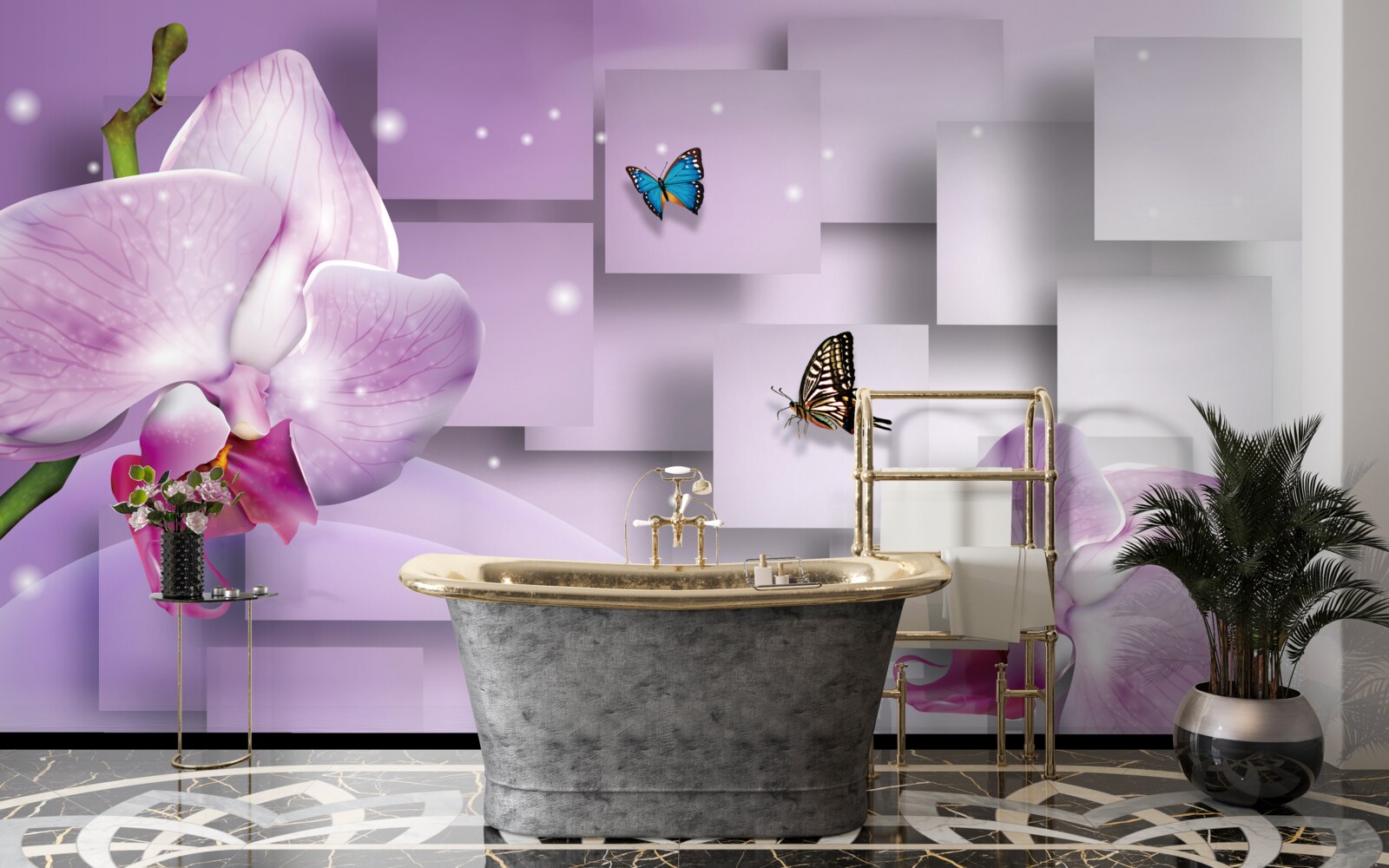 Fototapet orhidee liliac și fluturi aranjați pe un model geometric