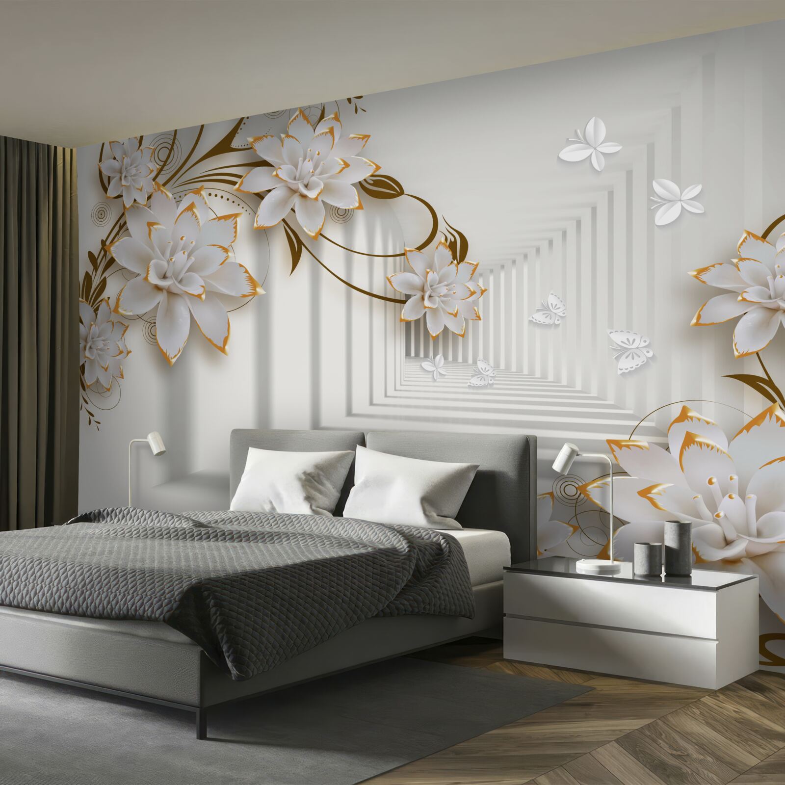 Fototapet decorațiuni aurii pe lotusuri albe în hol