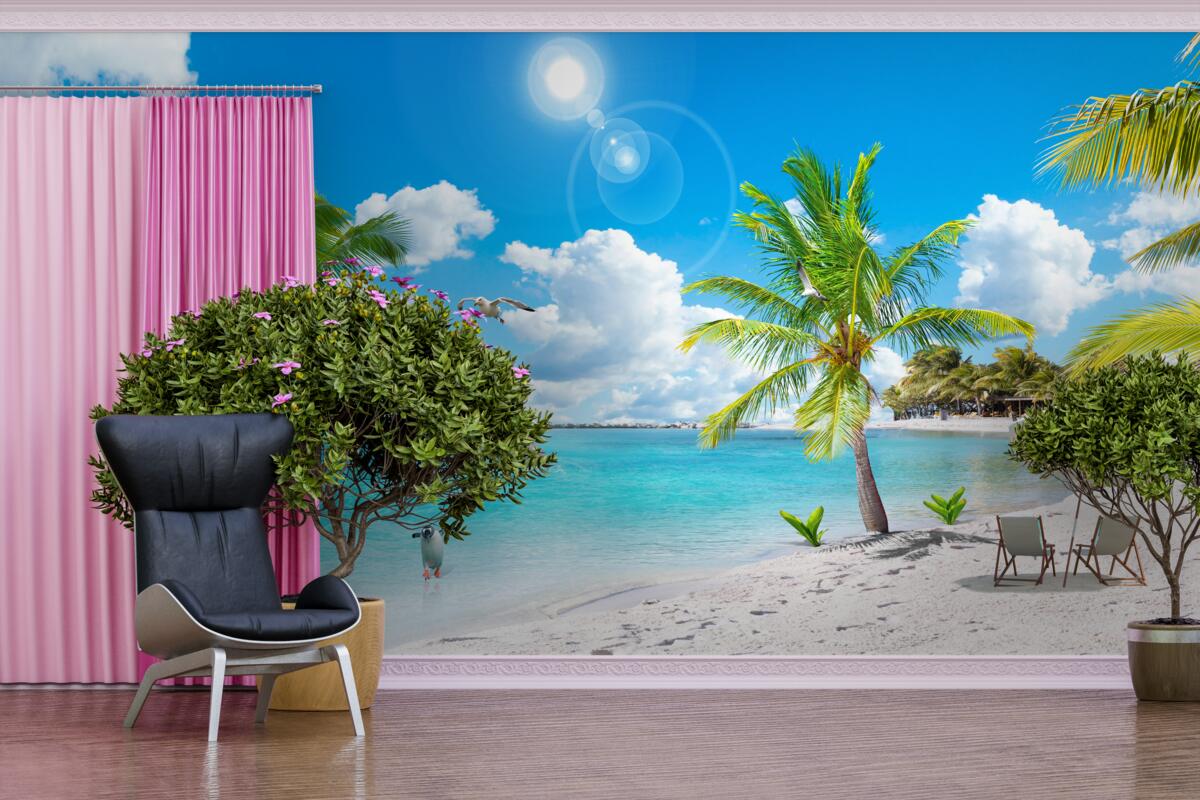 Fototapet plajă cu nisip și palmieri