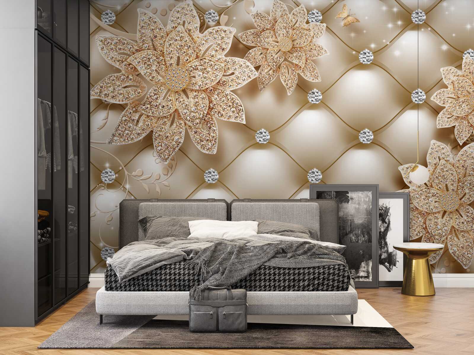 Fototapet flori din aur, decorate cu pietre perlate și mărgele