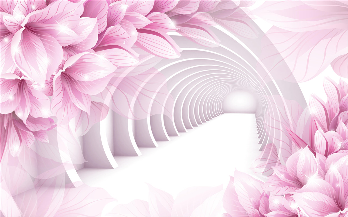 Fototapet flori roz și tunel abstract