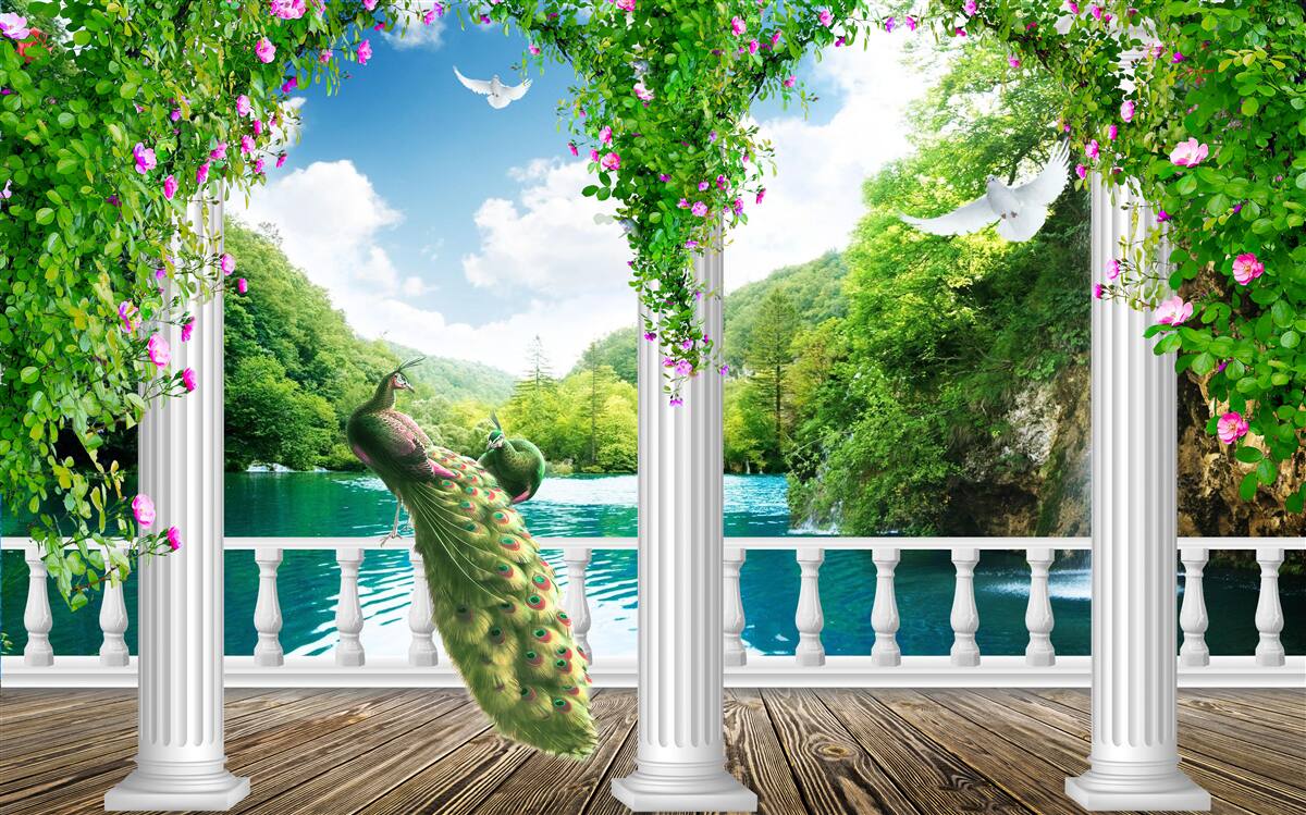 Fototapet colonada de lângă lac, acoperită cu tufișuri