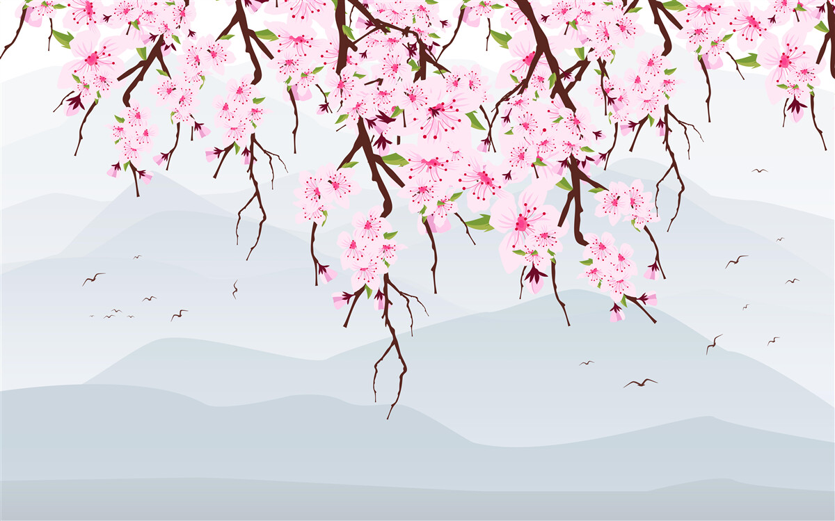 Fototapet sakura înflorind în fața unui peisaj de munți și apă