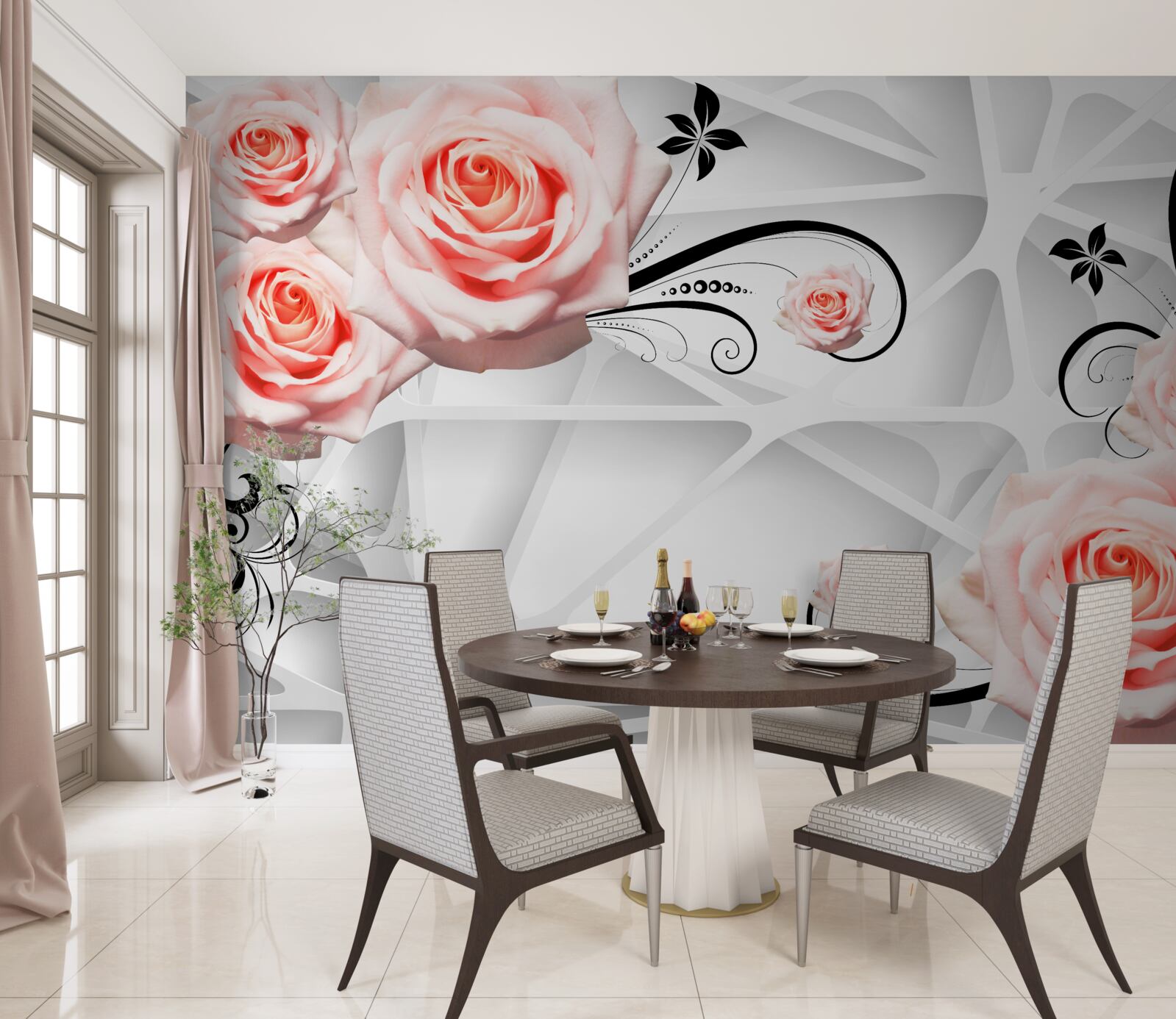Fototapet fundal geometric decorat cu ramuri de trandafir piersic