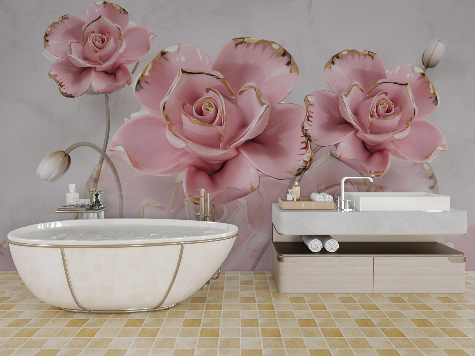 Fototapet fundal delicat decorat cu trandafiri roz