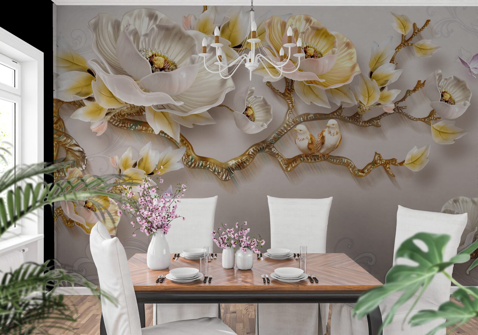 Fototapet fundalul delicat este decorat cu o ramură cu flori albe și galbene