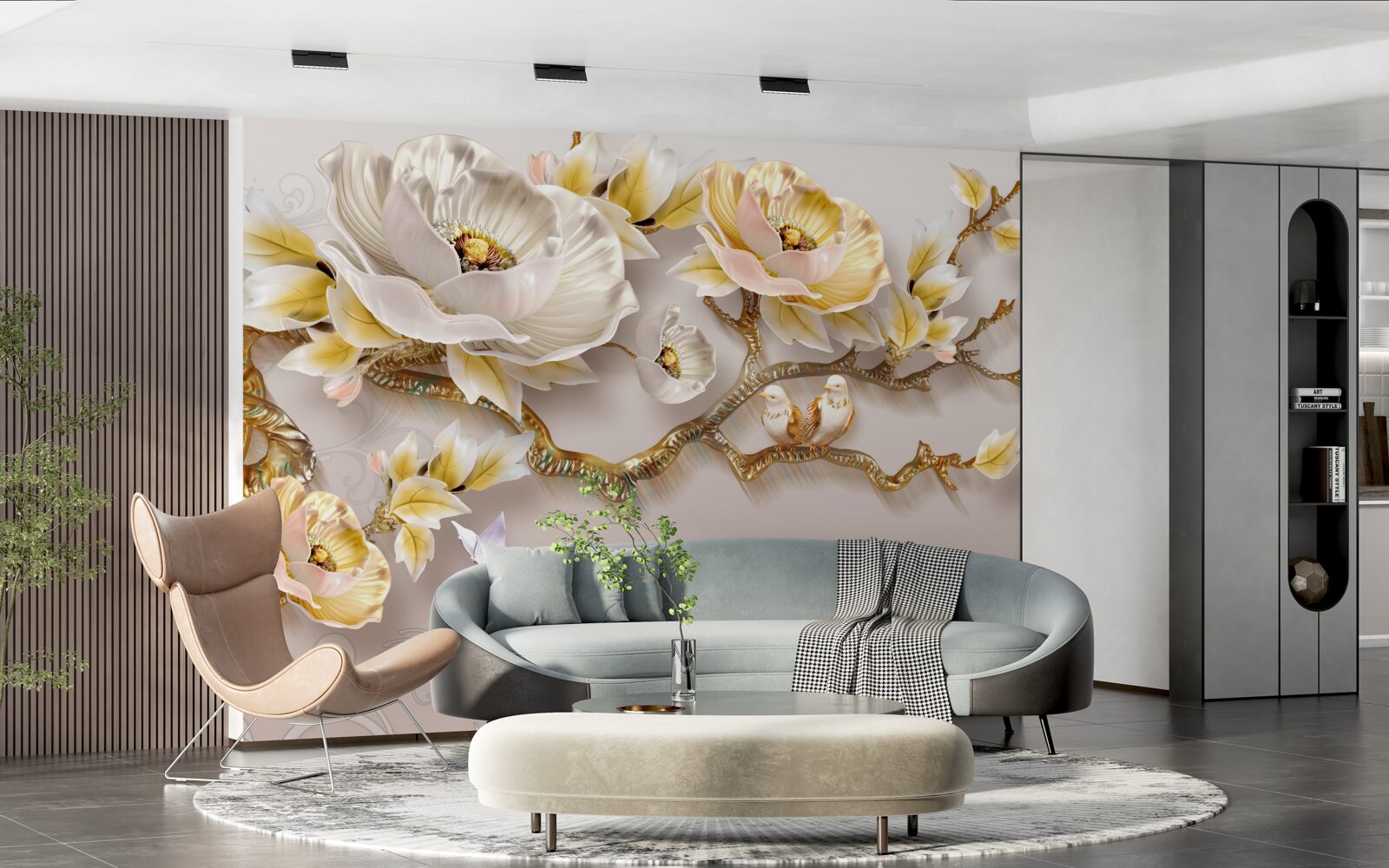 Fototapet fundalul delicat este decorat cu o ramură cu flori albe și galbene
