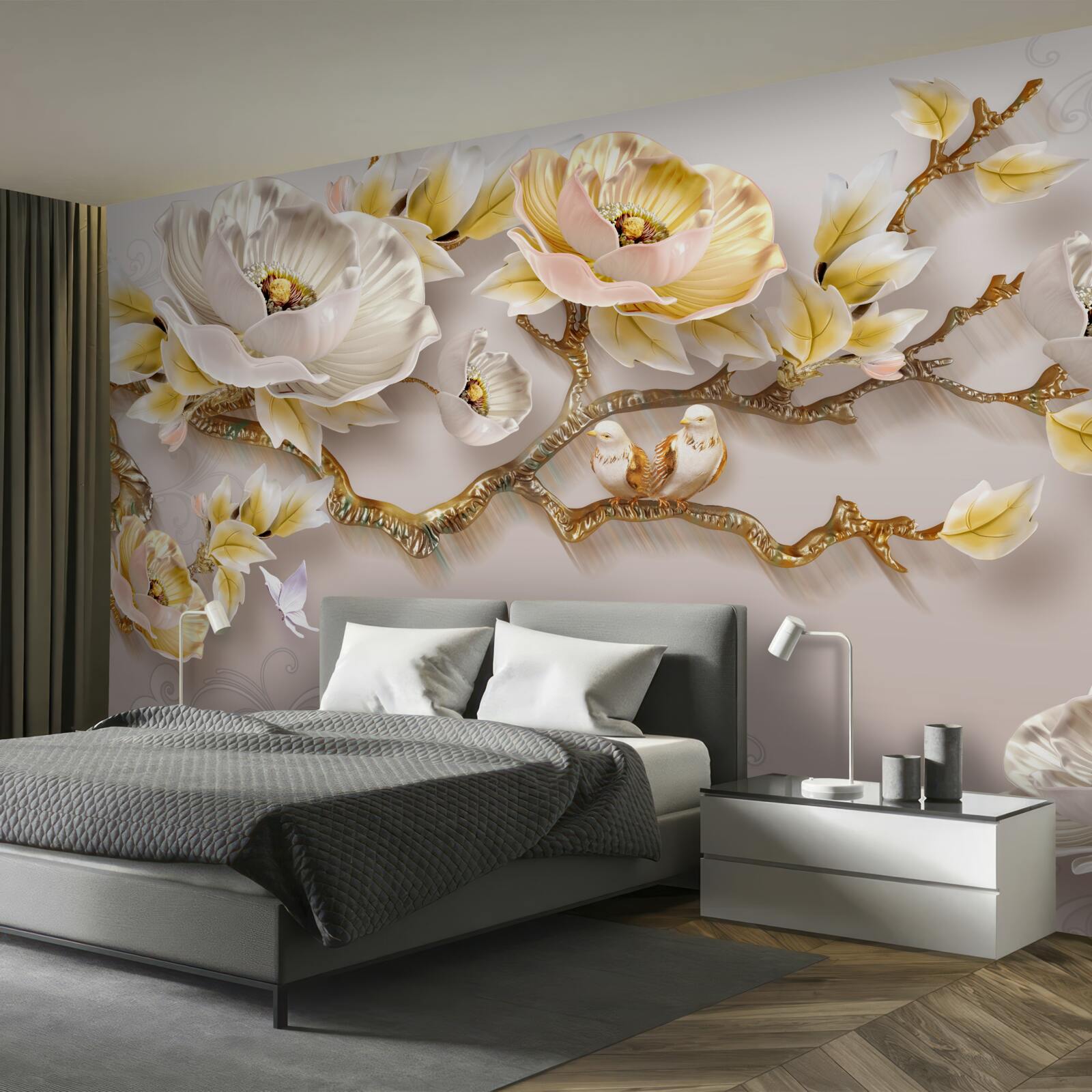 Fototapet fundalul delicat este decorat cu o ramură cu flori albe și galbene