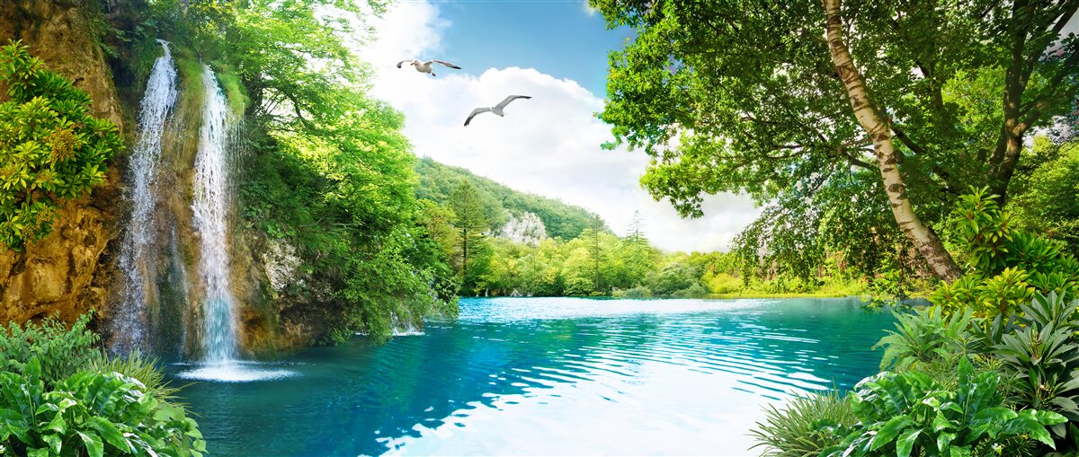 Fototapet o frumusețe naturală fabuloasă înconjoară cascada și lacul