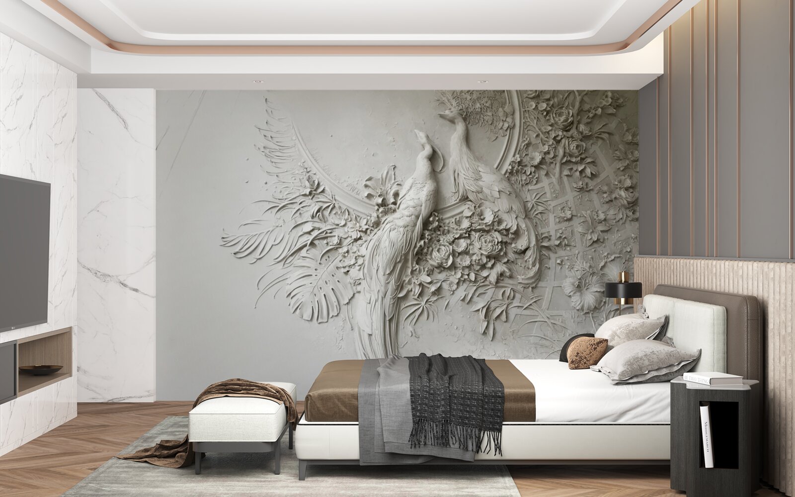 Fototapet copacul înflorit este decorat cu păuni