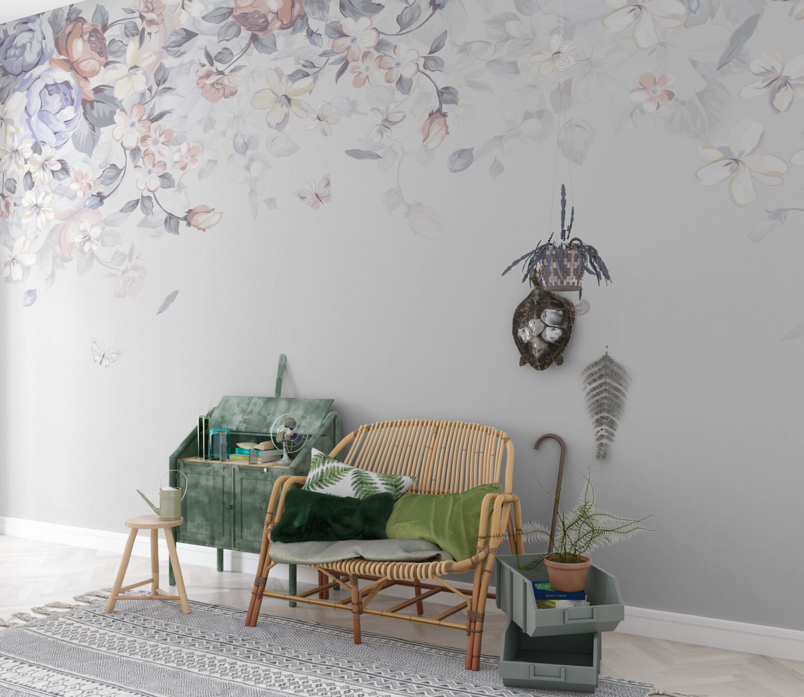 Fototapet fundalul alb este decorat cu flori moi