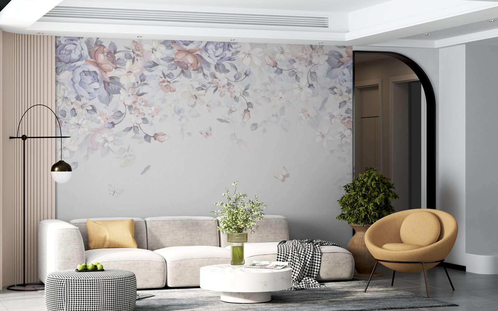 Fototapet fundalul alb este decorat cu flori moi