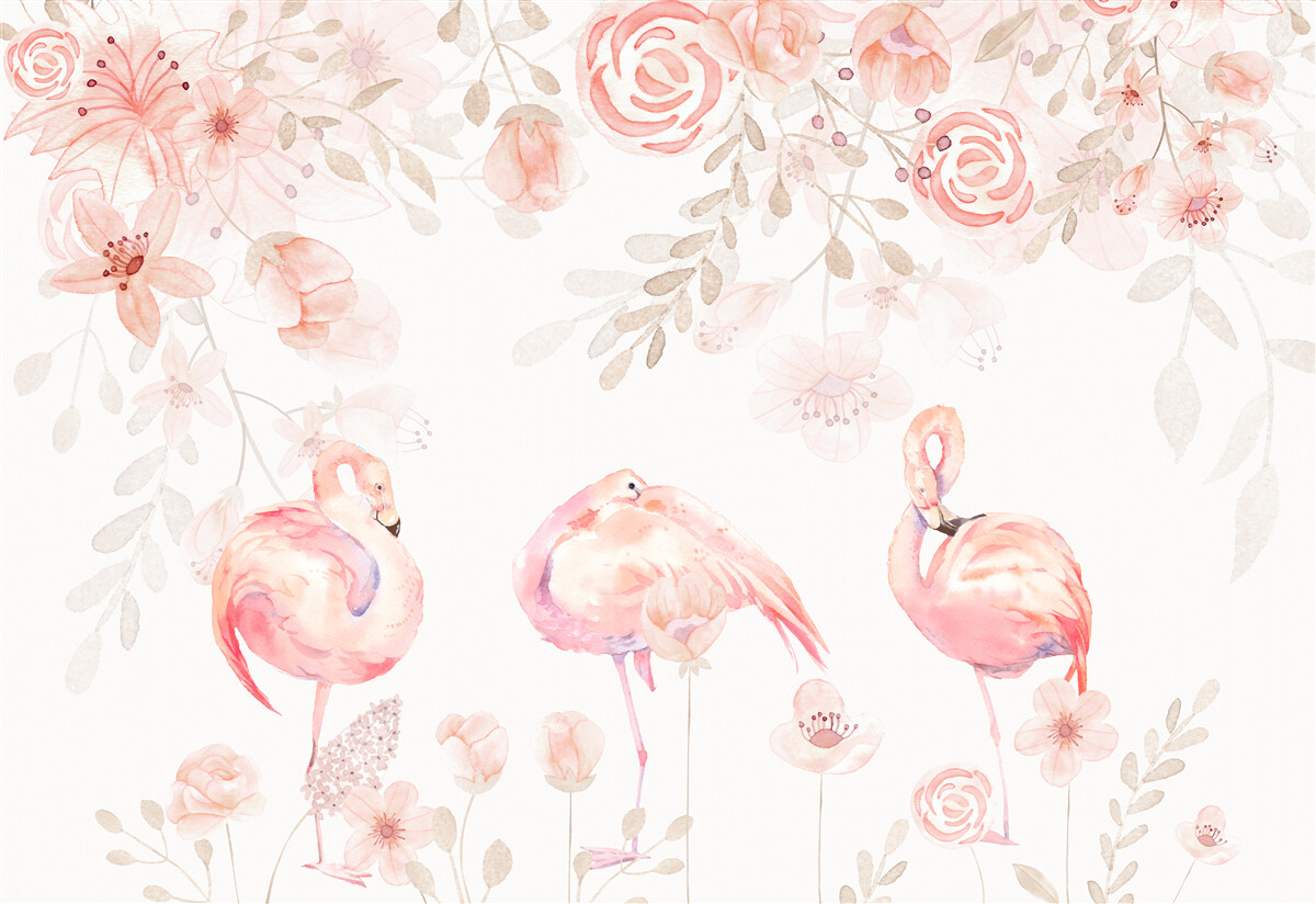 Fototapet flamingo roz și muguri